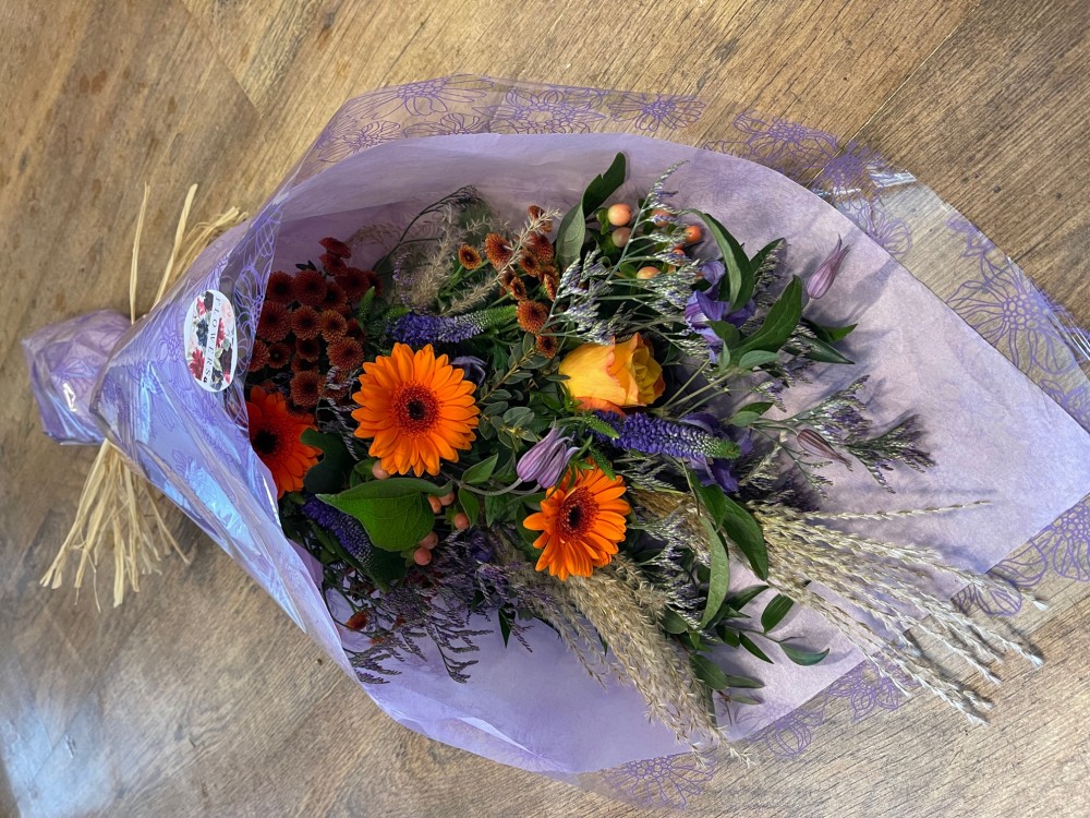 Bespoke Flat Bouquet in Purples and Oranges