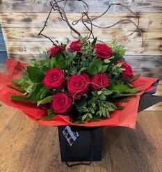 12 Red Rose Handtied Aqua