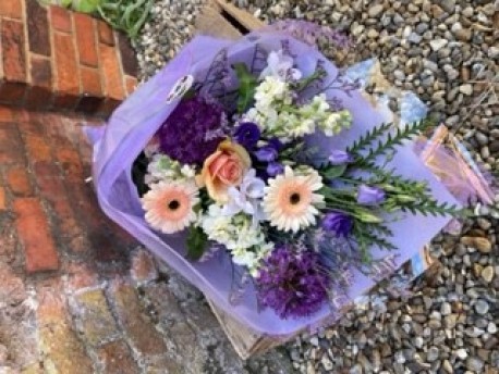 Bespoke Flat Bouquet in Purples, peach and creams