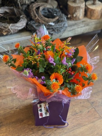 Bespoke Handtied Aqua in Oranges and Purples