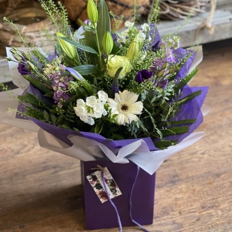 Bespoke Hand Tied Aqua in Purples and Whites