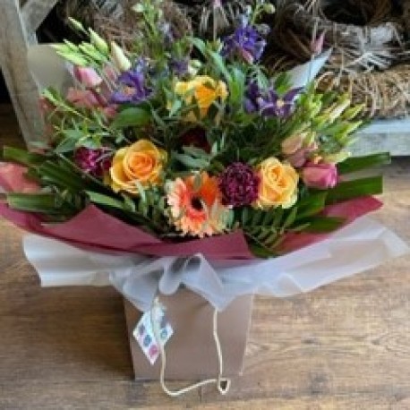 Bespoke Hand Tied Aqua in Peaches, Pinks and Purple