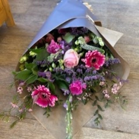 Bespoke Eco Friendly wrapped Flowers in Pinks and Purples