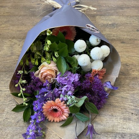 Bespoke Eco Friendly wrapped Flowers in Peaches, Purples and Whites