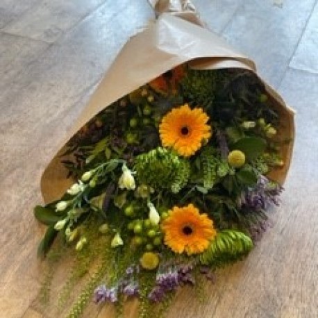 Bespoke Eco Friendly wrapped Flowers in Yellows, Greens, Whites and Purples