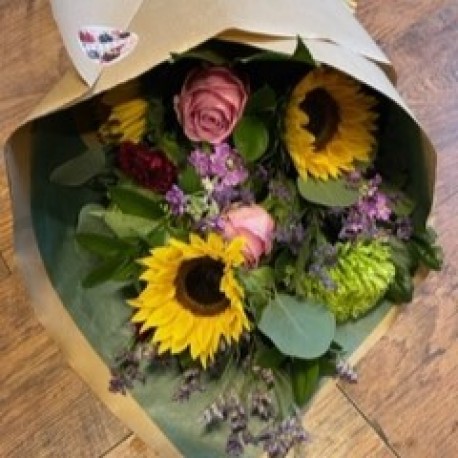 Bespoke Eco Friendly wrapped Flowers in Yellows, Pinks and Purples