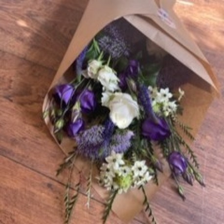Bespoke Eco Friendly wrapped Flowers in Purples and Whites
