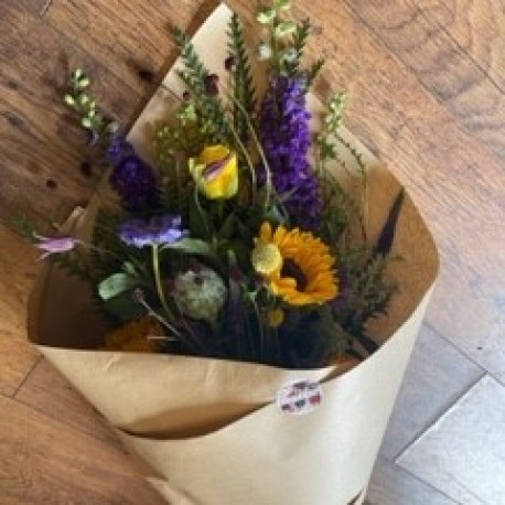 Bespoke Eco Friendly wrapped Flowers in Yellows and Purples