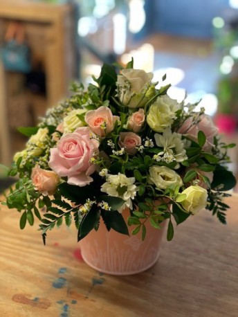 Bespoke Container Arrangement in Soft Pinks, Whites and Creams