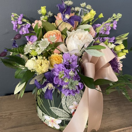 Bespoke Hatbox Arrangement in Peaches, Purples and Creams