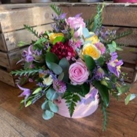 Bespoke Hatbox Arrangement in Pinks, Purples and Yellows