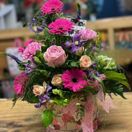 Bespoke Hatbox Arrangement in Pinks and Purples