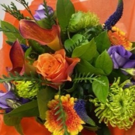 Bespoke Eco Friendly Wrapped Hand Tied in Oranges, Purples and Greens