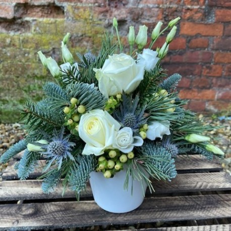 Christmas Container Arrangement in Whites and Silver