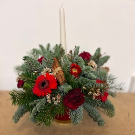 Christmas Container Arrangement in Reds and Gold with Candle