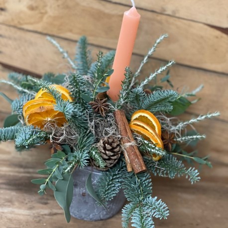 Christmas Foliage And Fruit Candle Arrangement in Container