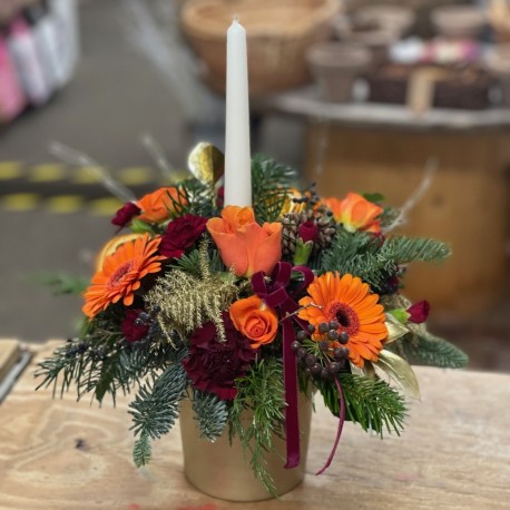 Christmas Container Arrangement in Oranges, Red and Gold with Candle