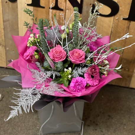 Christmas Handtied Aqua in Pinks and Silver